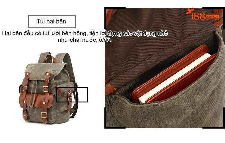 Balo Đôi Nam Vải Canvas Đi Phượt Du Lịch Leo Núi Đựng Laptop Phối Da Thật Màu Xanh Rêu, Nâu, Xám, Đen... chi tiết 11