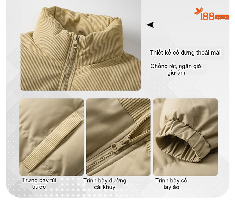 Áo Khoác Phao Nam Nữ Cotton Dáng Rộng Cổ Đứng Lót Nỉ Màu Xanh Dương, Nâu, Hồng, Xanh Lá... chi tiết 3