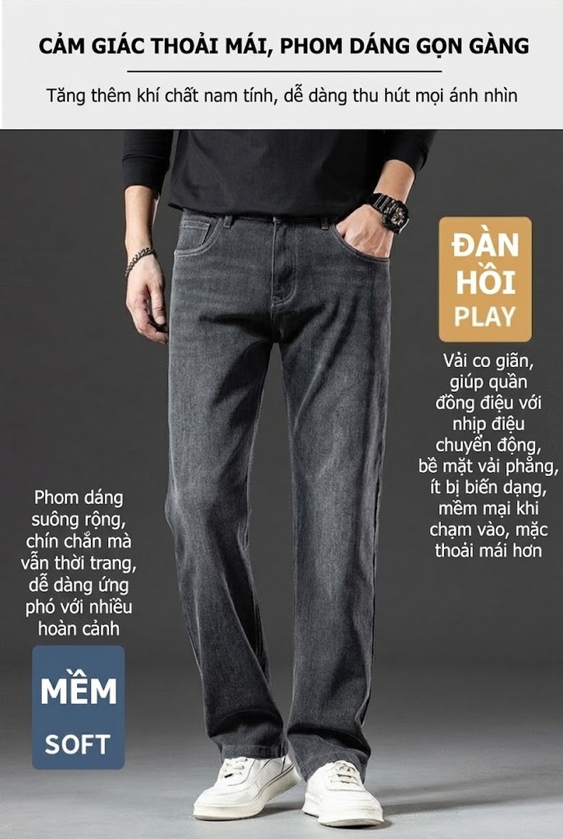 Quần Jean Nam Ống Đứng Lót Lông Dày Dặn Màu Đen, Xanh chi tiết 2