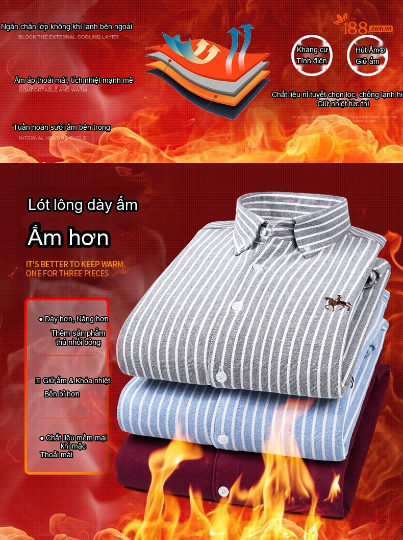 Áo Sơ Mi Dài Tay Nam Cotton Oxford Lót Lông Dày Dặn Giữ Ấm Màu Trắng, Hồng, Xanh Dương, Xám... chi tiết 3