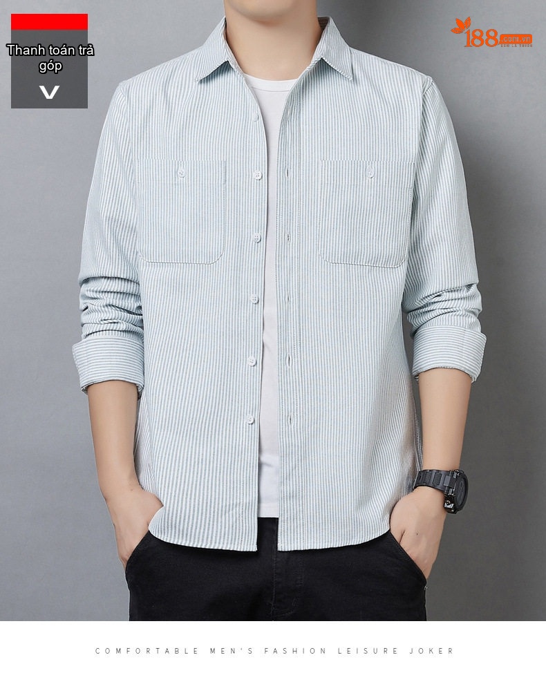 Áo Sơ Mi Dài Tay Nam Cotton Dáng Rộng Phong Cách Công Sở Màu Xanh Nhạt, Xám chi tiết 18