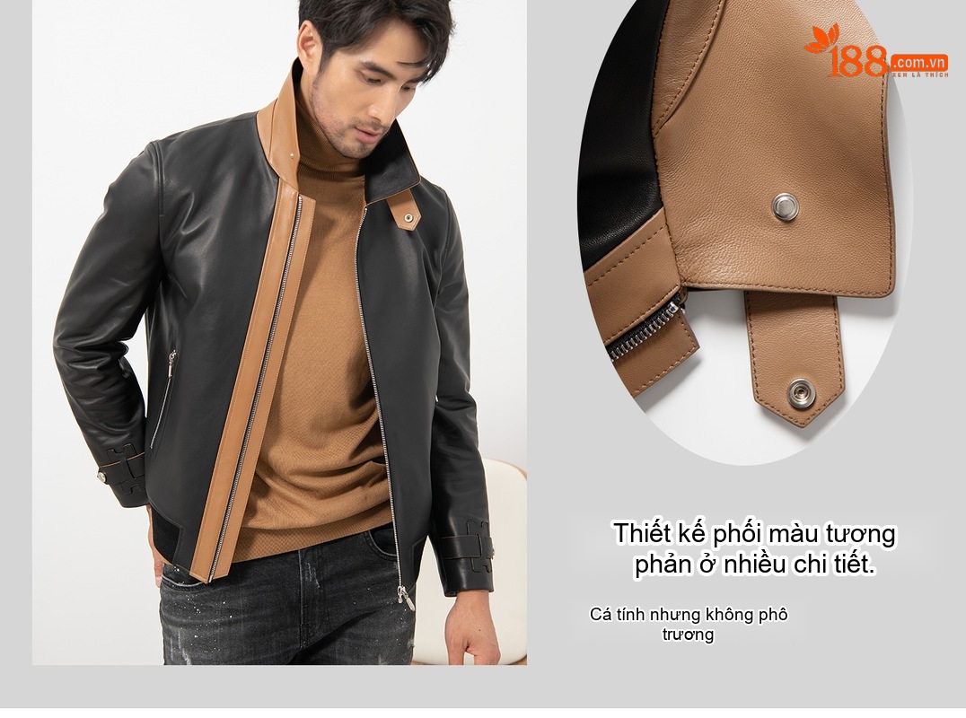 Áo Khoác Da Cừu Nam Dáng Ngắn Cổ Bẻ Rộng Màu Đen, Nâu chi tiết 6