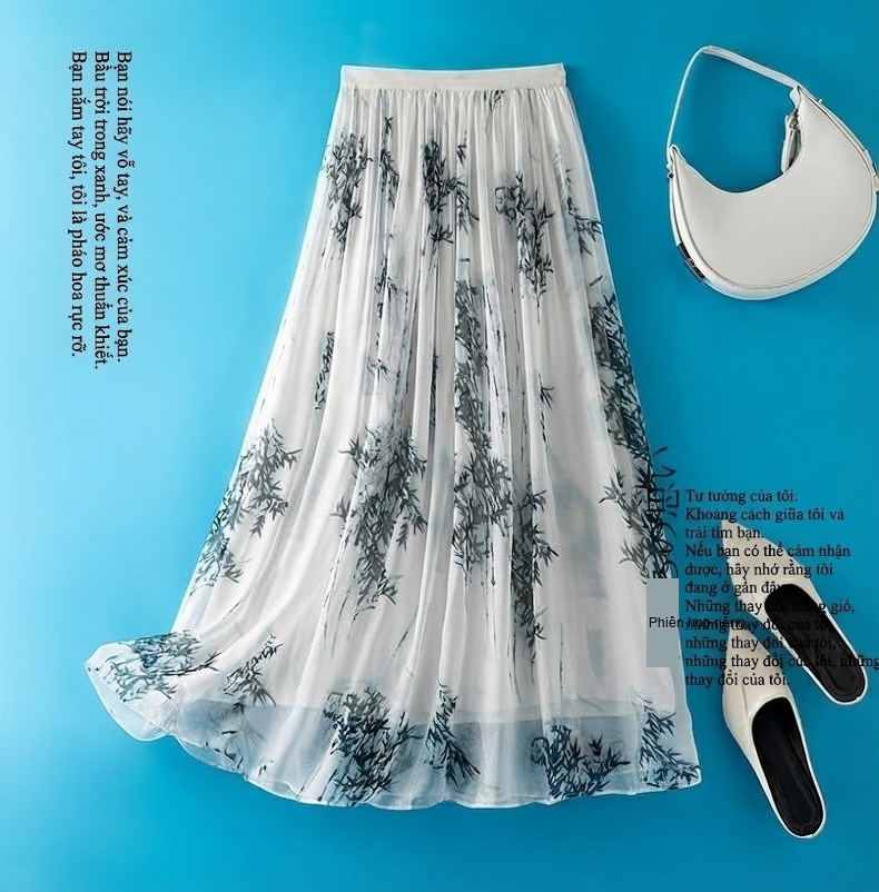 Chân Váy Midi Nữ Lụa Tơ Tằm Họa Tiết Bohemian Cạp Cao Màu Trắng chi tiết 1