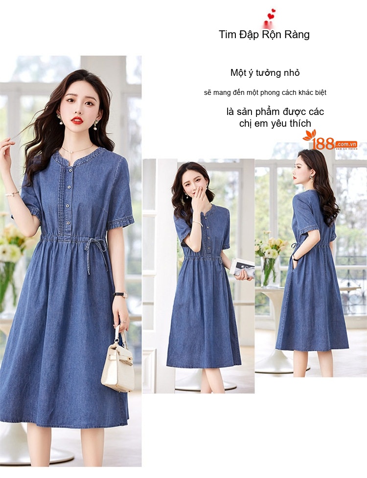 Váy Đầm Jean Nữ Tay Ngắn Dáng Chữ A Thắt Dây Eo Màu Xanh Jean chi tiết 3