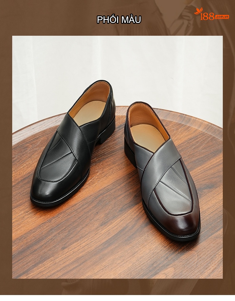 Giày Lười Mũi Nhọn Nam Da Bò Phong Cách Retro Chiều Cao Đế Khoảng 3cm Màu Đen, Xám chi tiết 2