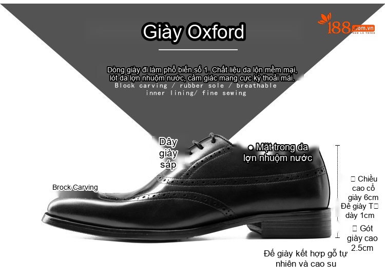 Giày Tây Oxford Buộc Dây Nam Da Bò Lớn Size Chiều Cao Đế Khoảng 3cm Màu Đen, Nâu chi tiết 2