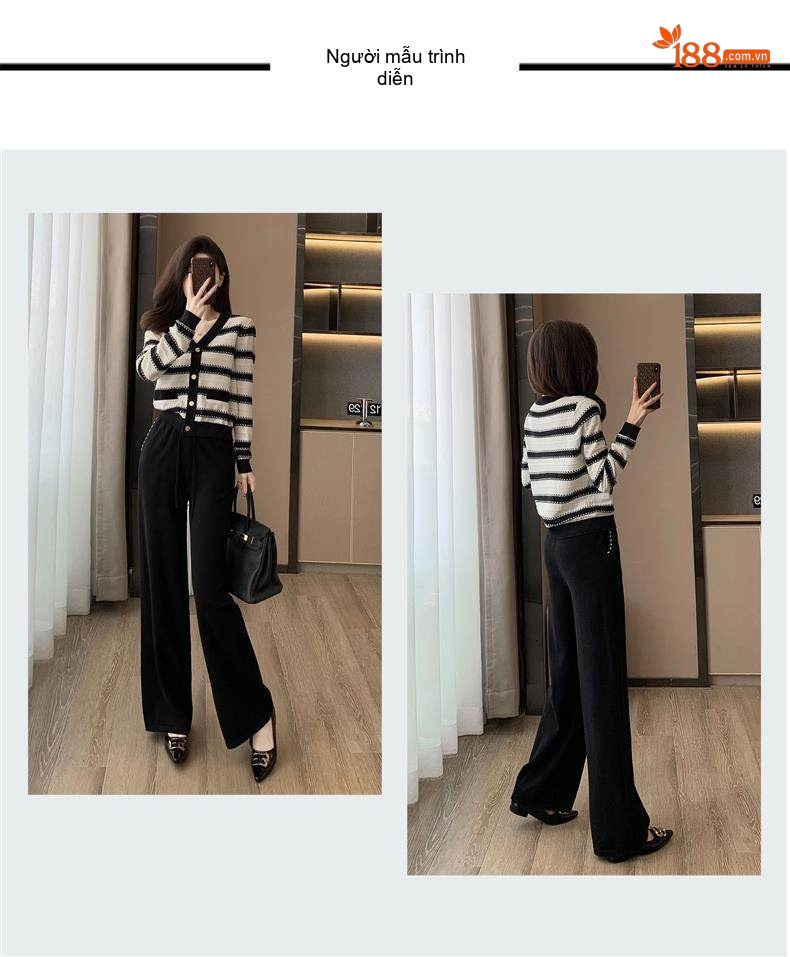 Bộ Set Áo Cardigan Dệt Kim Sọc Kẻ Quần Ống Rộng Phong Cách Tiểu Thư Màu Đen, Trắng chi tiết 4