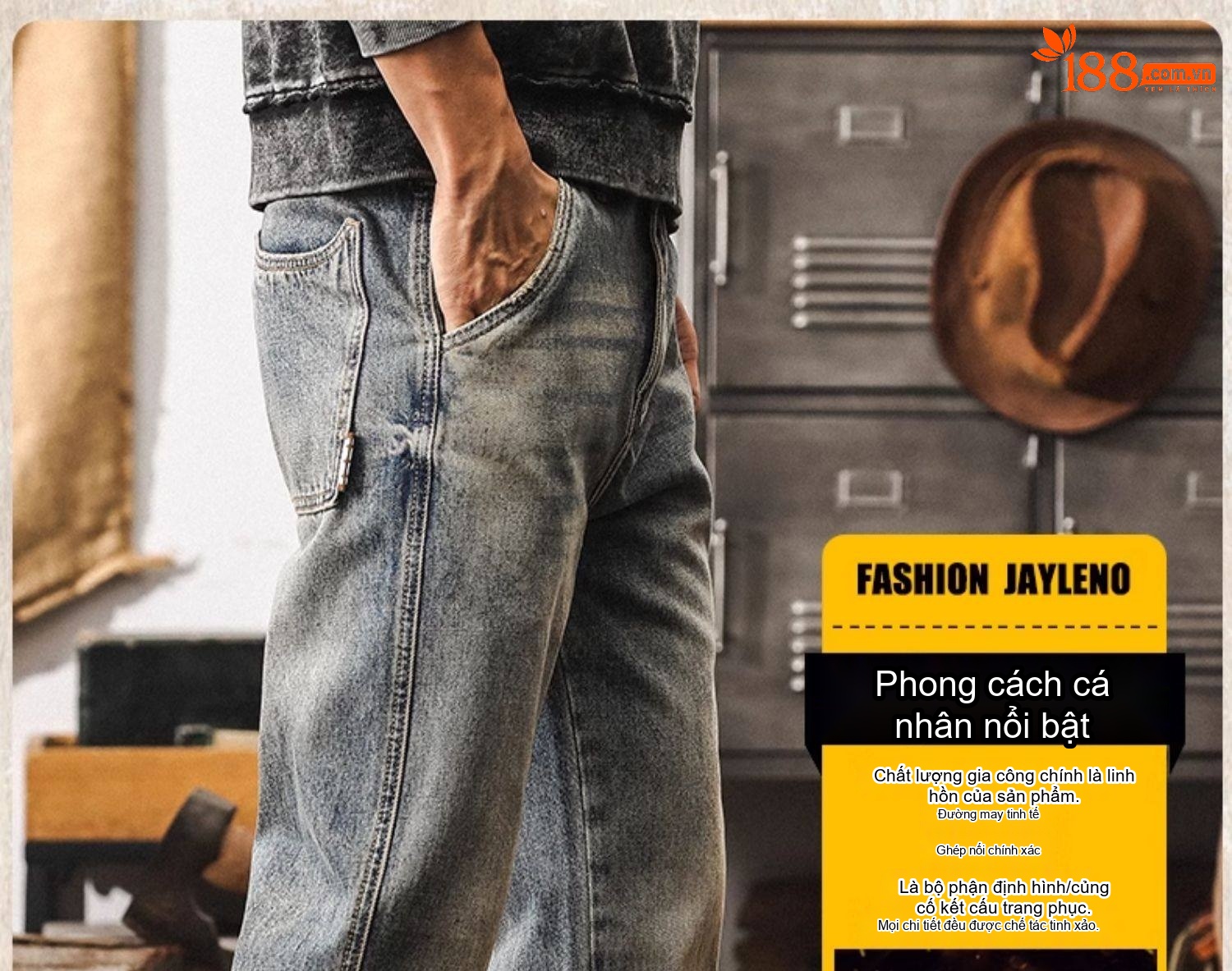 Quần Jean Nam Ống Đứng Rộng Phong Cách Retro Mỹ, Giặt Nano Làm Cũ Màu Xanh chi tiết 3