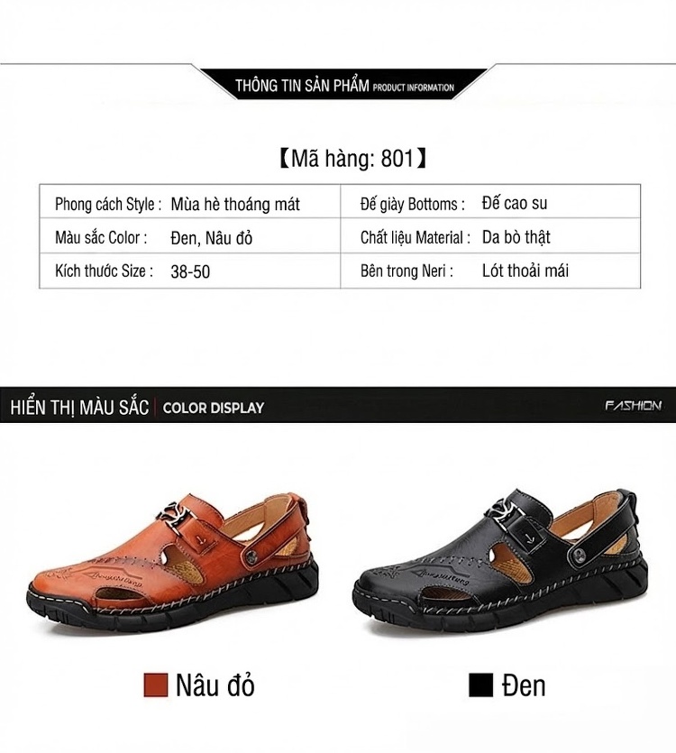 Sandal Nam Da Thật Xỏ Ngón Thoáng Khí Chiều Cao Đế Khoảng 3cm Màu Nâu, Đen chi tiết 4