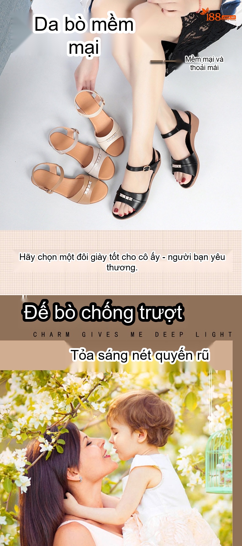 Dép Sandal Nữ Da Thật Quai Ngang Đính Đá Đế Bệt Thoải Mái Đế Cao 3cm - 4cm Màu Kem, Nâu, Đen chi tiết 1