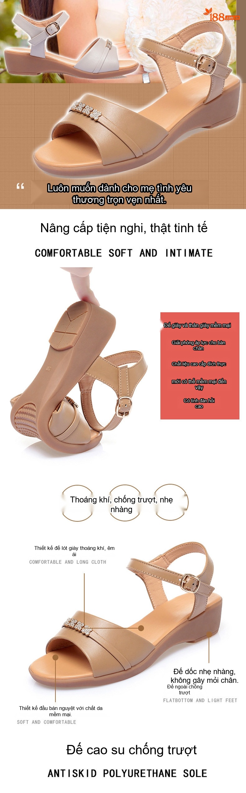 Dép Sandal Nữ Da Thật Quai Ngang Đính Đá Đế Bệt Thoải Mái Đế Cao 3cm - 4cm Màu Kem, Nâu, Đen chi tiết 2