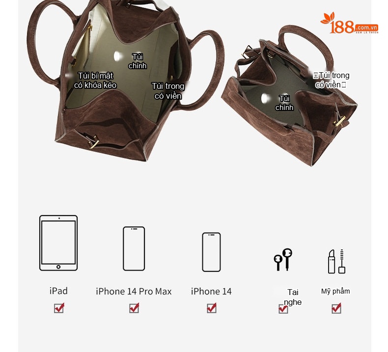 Túi Tote Nữ Da Bò Mờ Cao Cấp Quai Xách Tay Đeo Chéo Phong Cách Vintage Màu Nâu chi tiết 7