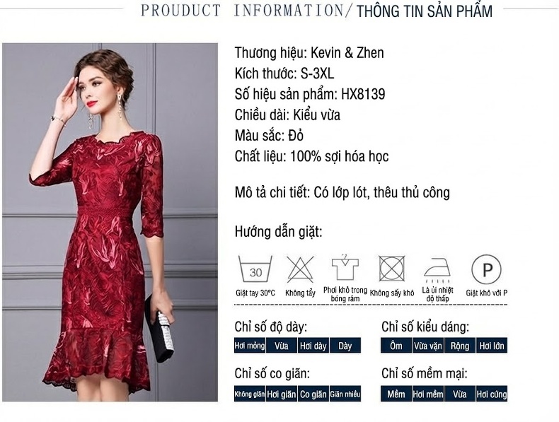 Váy liền thân Nữ Thêu Hoa Đuôi Cá Kiểu Dáng Thanh Lịch Màu Đỏ chi tiết 19