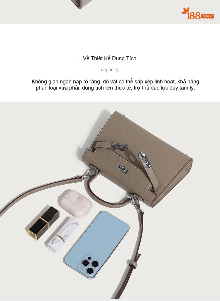 Túi Xách Nữ Kelly Mini Da Bóng Đeo Vai, Đeo Chéo Thời Trang Màu Kem, Trắng chi tiết 6