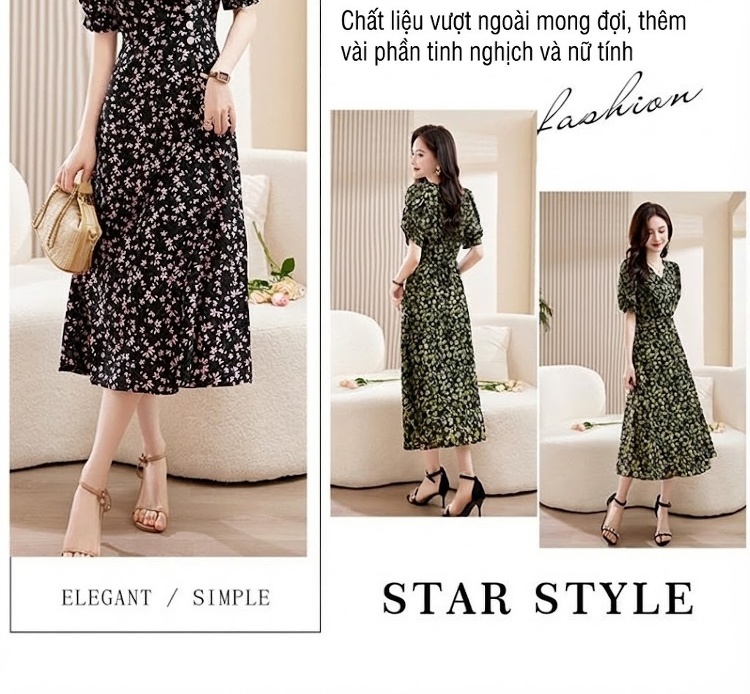 Váy liền thân Nữ Cổ chữ V tay bồng họa tiết hoa nhí dáng dài thanh lịch Màu Đen, Xanh chi tiết 4