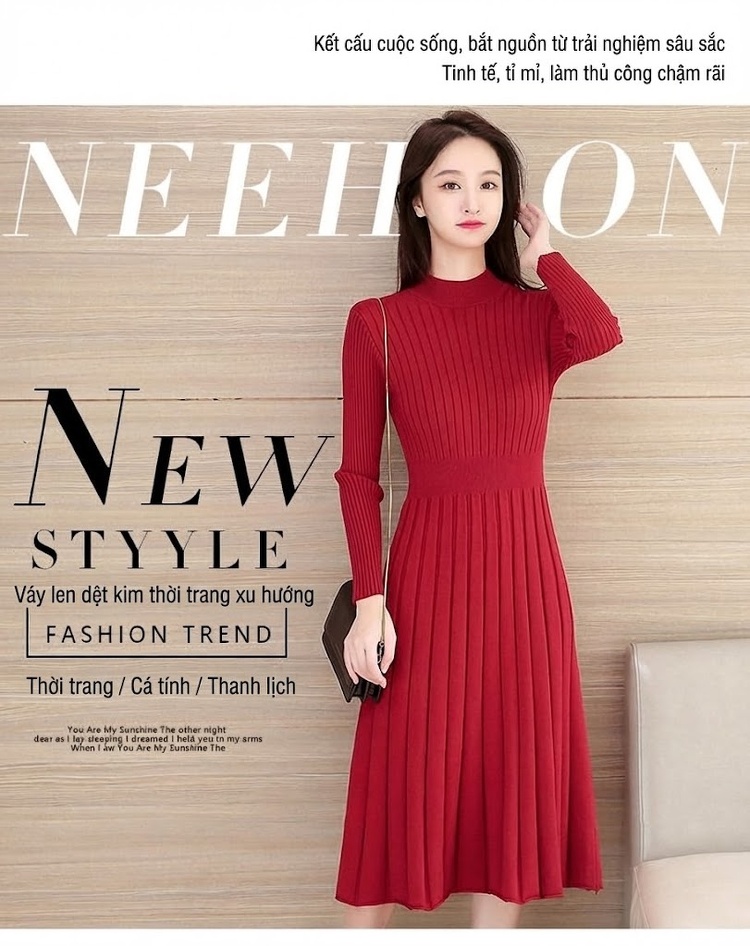 Váy liền thân Nữ Dệt Kim Cổ Lọ Tay Dài Dáng Xòe Màu Đen, Đỏ, Nâu, Trắng chi tiết 1