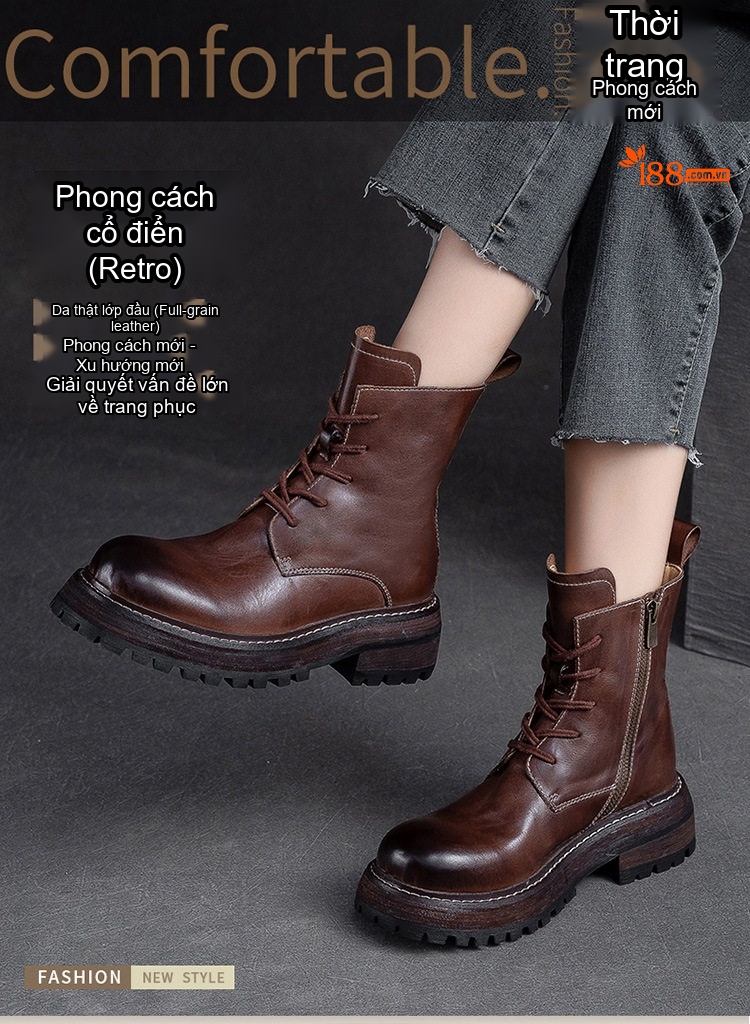 Boot Nữ Cổ Ngắn Da Bò Phong Cách Anh Quốc Chiều Cao Đế Khoảng 5cm Màu Đen, Nâu chi tiết 1