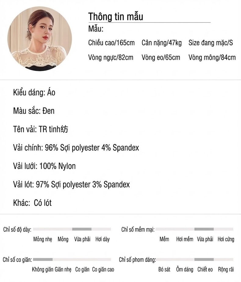 Áo Kiểu Nữ Tay Ngắn Cổ Tròn Phối Ren Eo Ôm Dáng Peplum Màu Đen, Trắng chi tiết 2