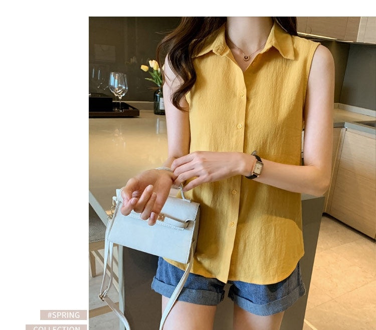 Áo Sơ Mi Nữ Không Tay Cổ Bẻ Sát Nách Màu Cam, Đen, Trắng, Vàng chi tiết 8