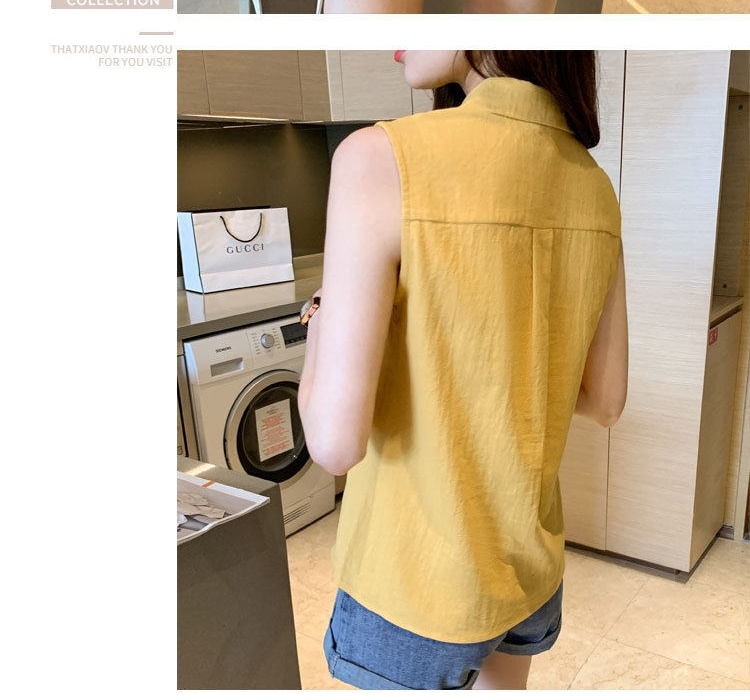 Áo Sơ Mi Nữ Không Tay Cổ Bẻ Sát Nách Màu Cam, Đen, Trắng, Vàng chi tiết 9