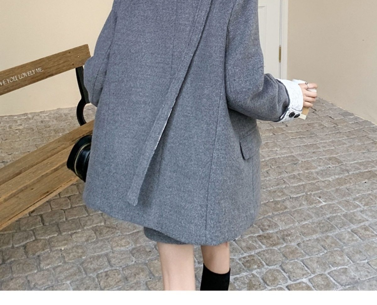 Bộ Áo Blazer Quần Short Nữ Vải Lông Cừu Phong Cách Tiểu Thư Hàn Quốc Lót Lông Vũ Dày Dặn Màu Xám chi tiết 40