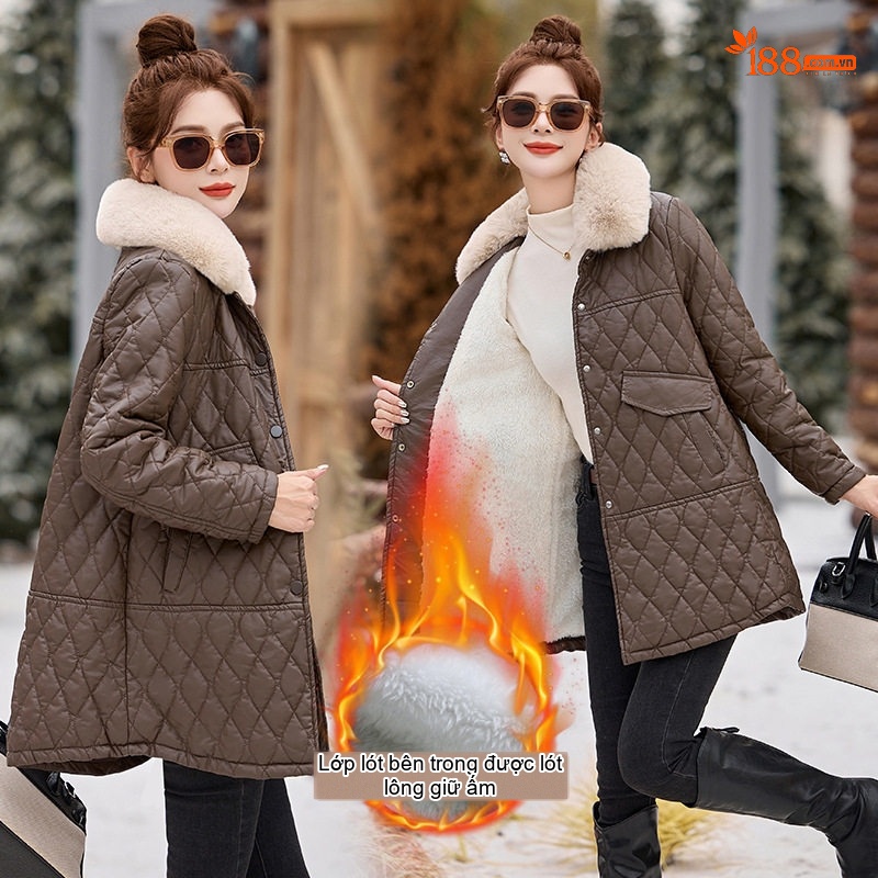Áo Khoác Nữ Da Bóng Lót Lông Cổ Lông Dày Dặn Phong Cách Hàn Quốc Màu Nâu, Đen