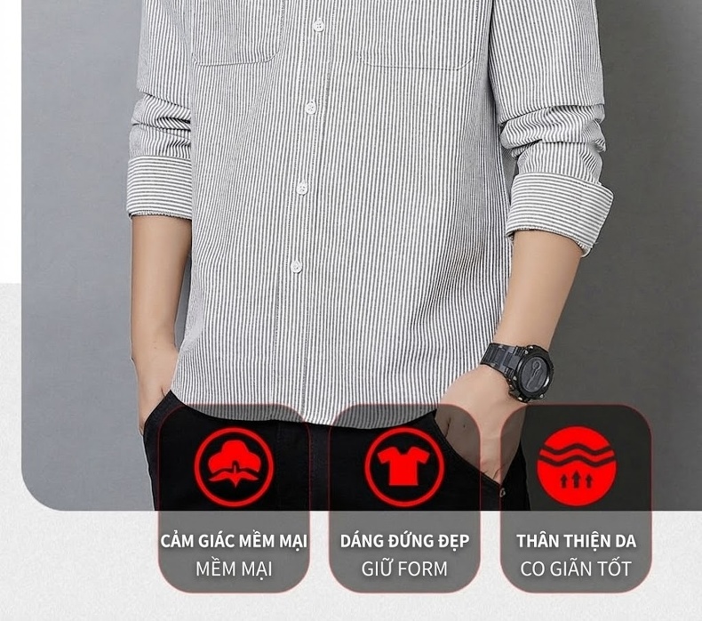 Áo Sơ Mi Dài Tay Nam Cotton Dáng Rộng Phong Cách Công Sở Màu Xanh Nhạt, Xám chi tiết 3