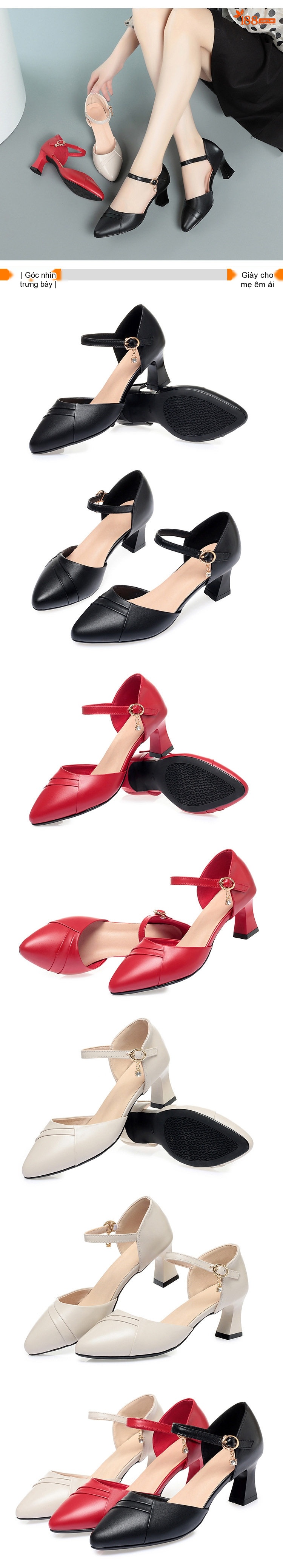 Giày Sandal Cao Gót Nữ Bít Mũi Quai Ngang Gót Vuông Da Bóng Gót Cao 7cm - 8cm Màu Đỏ, Kem, Đen chi tiết 8