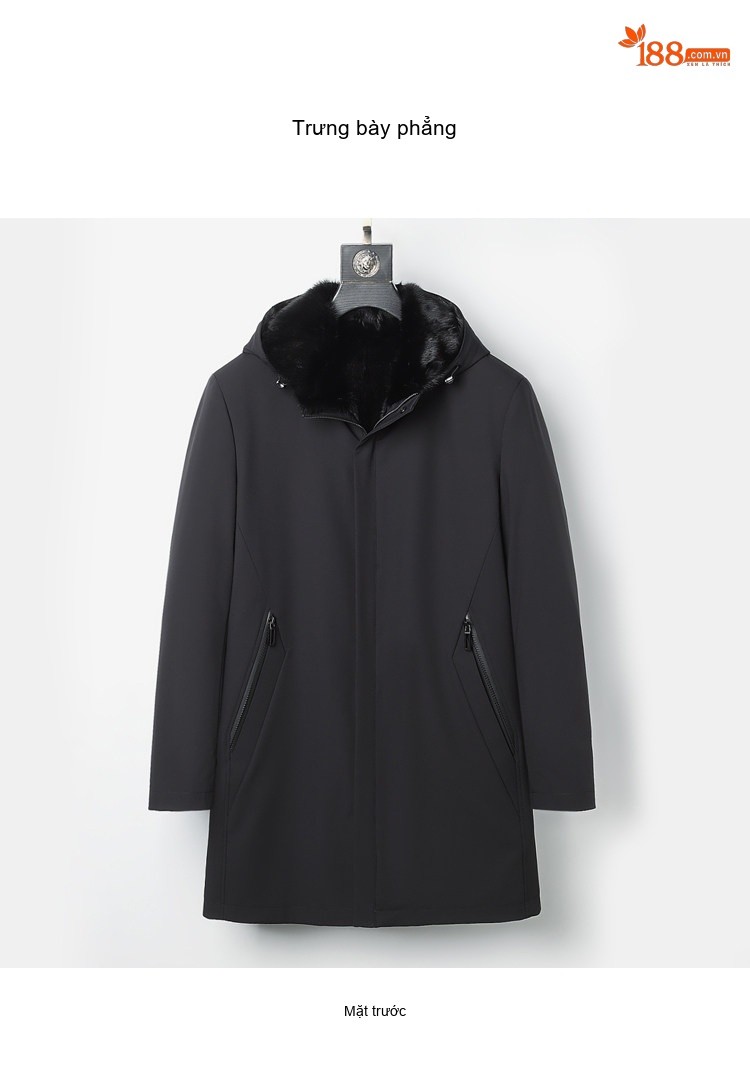 Áo Khoác Parka Nam Dáng Dài Lót Lông Chồn Form Ôm Châu Âu Màu Đen chi tiết 6