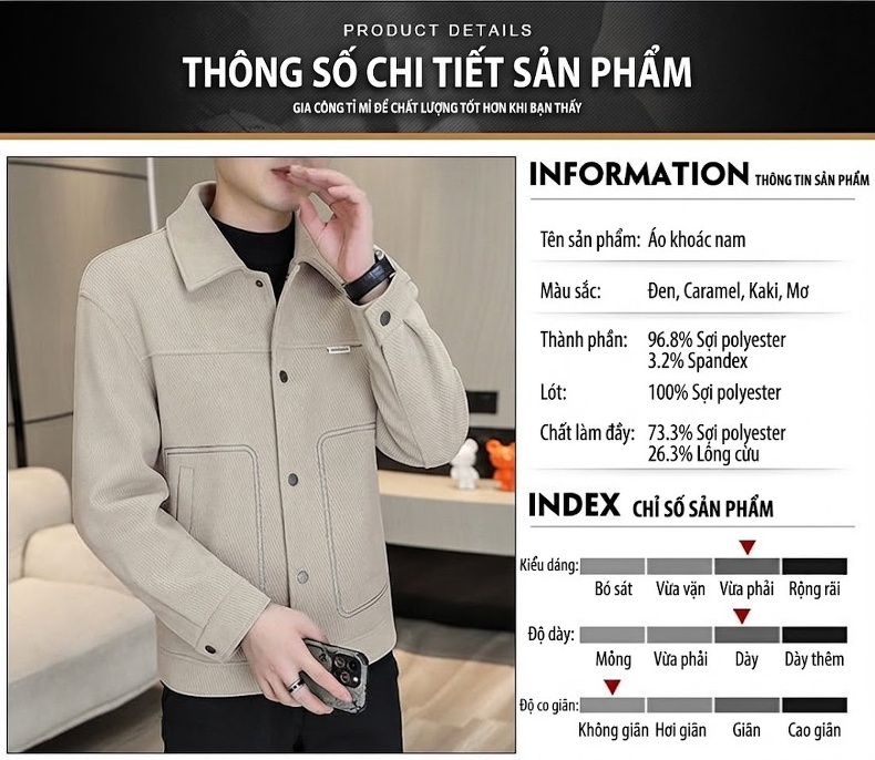Áo Khoác Nam Dày Dặn Lót Lông Cừu Mùa Thu Kiểu Dáng Thời Trang Màu Đen, Nâu, Be chi tiết 2