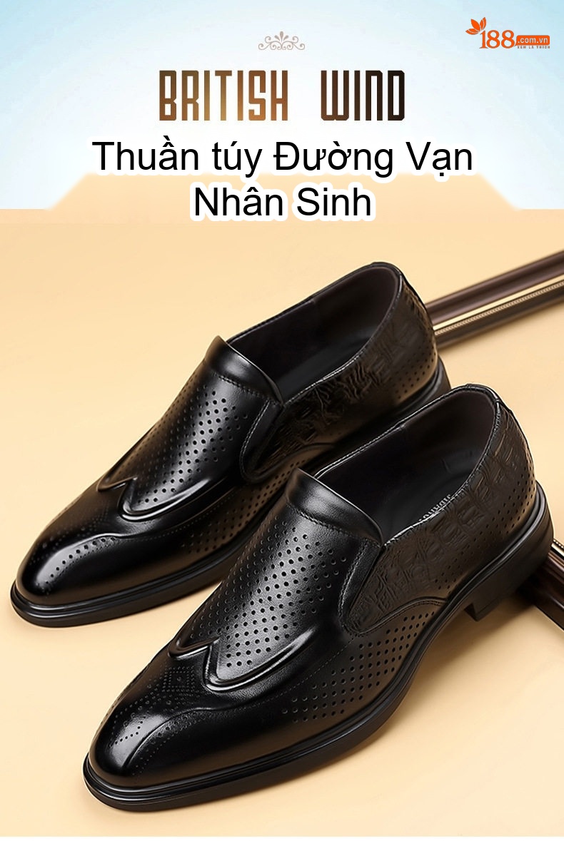Giày Lười Nam Da Bò Đục Lỗ Thoáng Khí Chiều Cao Đế Khoảng 2cm Màu Đen, Nâu chi tiết 2