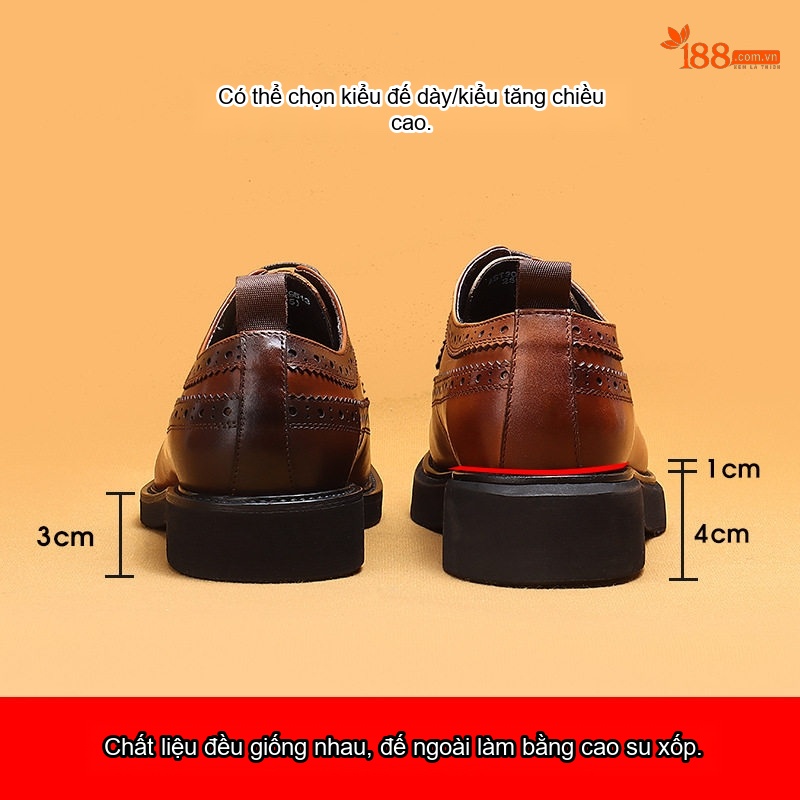 Giày Tây Brogue Nam Da Thật Lót Lông Chiều Cao Đế Khoảng 3.5cm Màu Đen, Nâu chi tiết 2