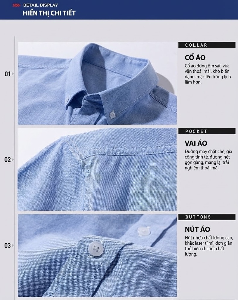 Áo Sơ Mi Ngắn Tay Nam Cotton Oxford Dáng Ôm Vừa Vặn Màu Trắng, Xám, Xanh Dương, Xanh Mint... chi tiết 15