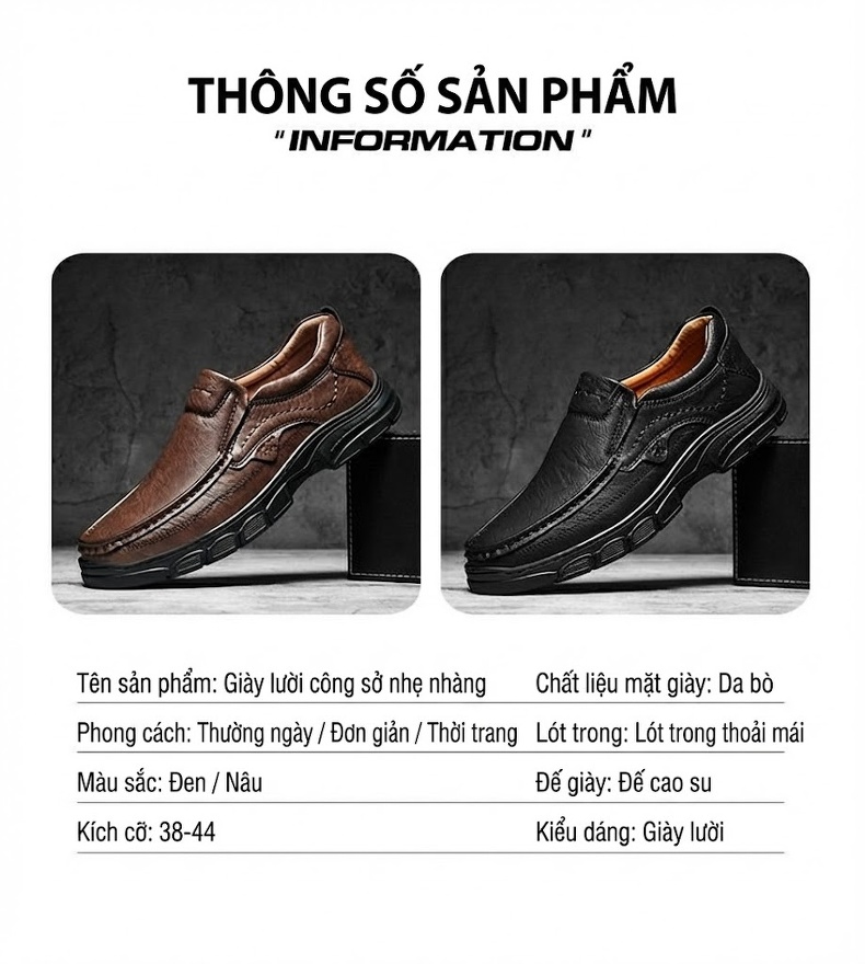 Giày Lười Nam Da Thật Size Lớn Thoáng Khí Chiều Cao Đế Khoảng 3cm Màu Đen, Nâu chi tiết 5