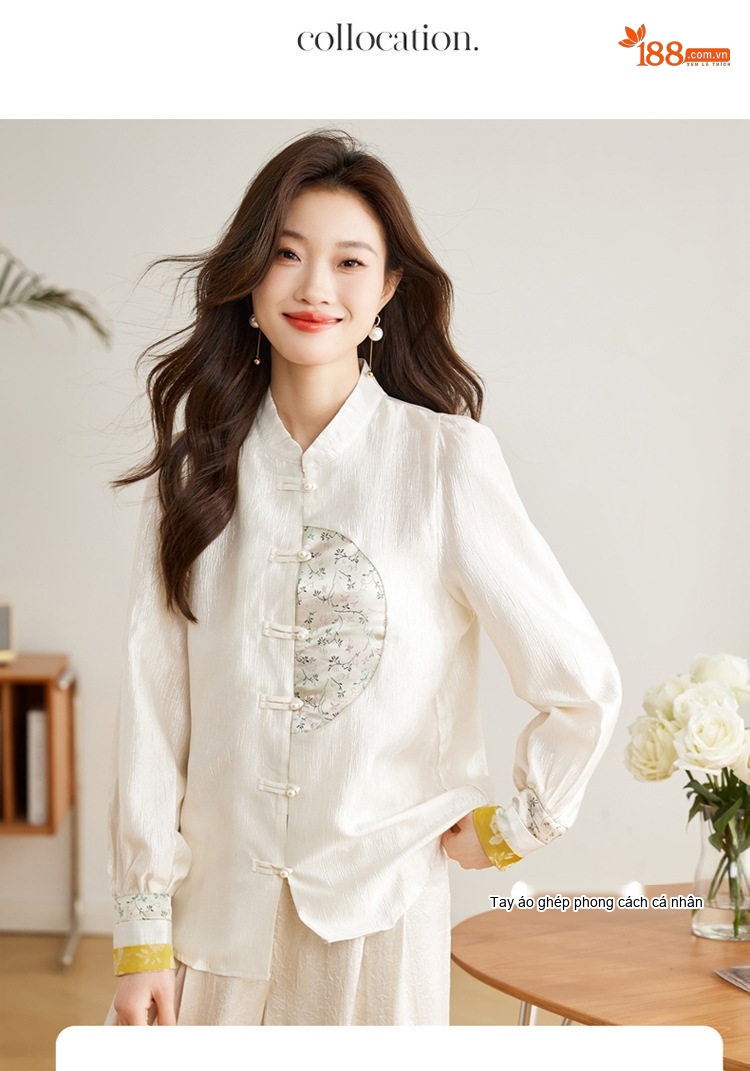 Áo Sơ Mi Nữ Cổ Tàu Thêu Hoa Phong Cách Trung Hoa chi tiết 4