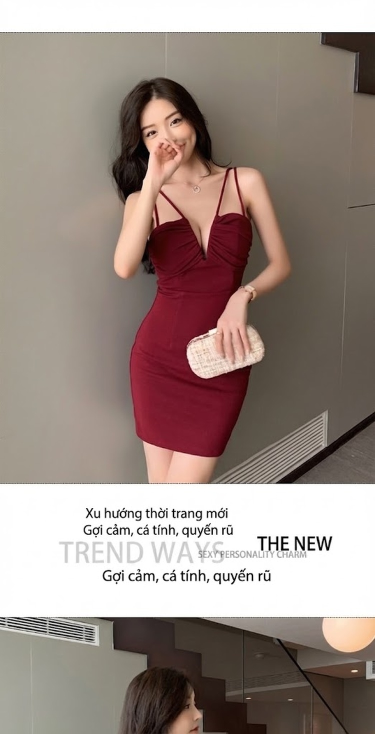 Váy Hai Dây Ngắn Ôm Body Cổ Chữ V Gợi Cảm Màu Đỏ, Đen, Trắng chi tiết 1