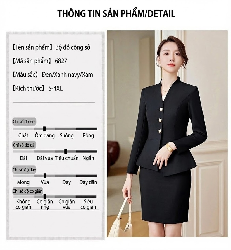 Bộ Vest Công Sở Nữ Quần/Chân Váy Thanh Lịch Màu Xám, Đen, Xanh Navy chi tiết 10