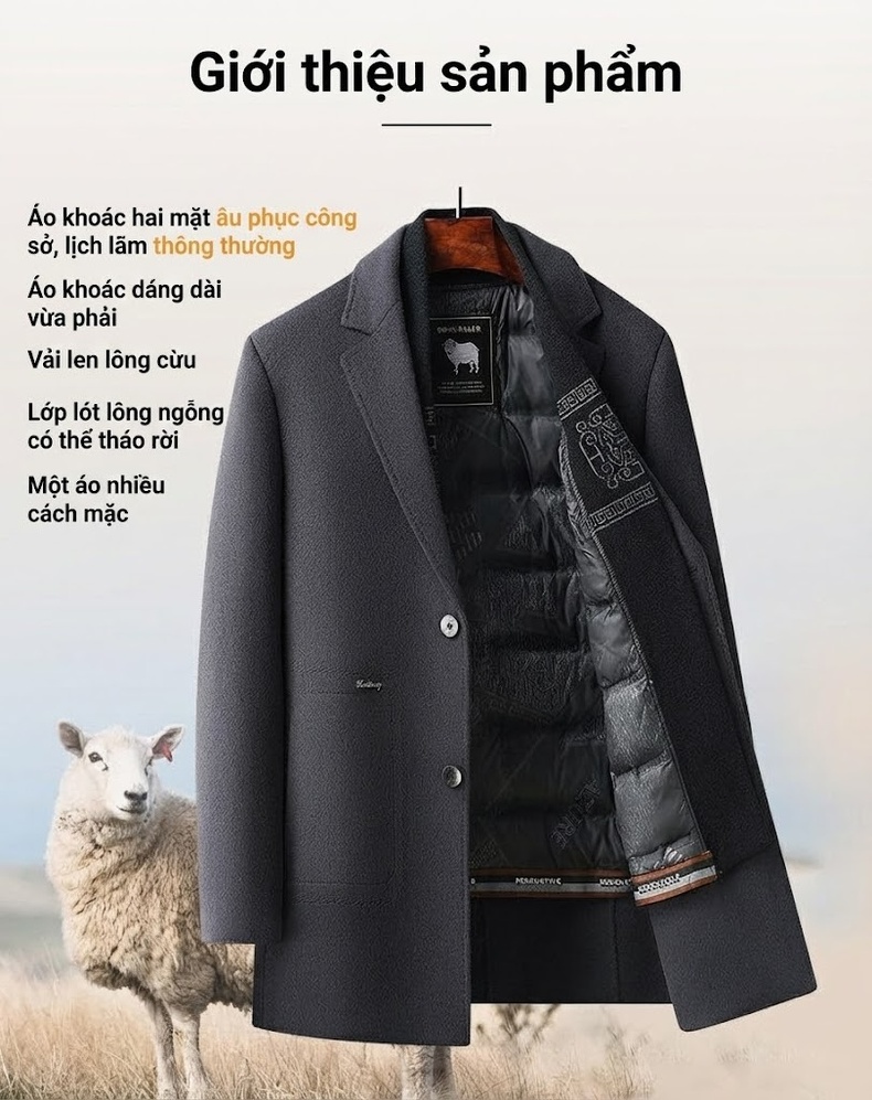 Áo Khoác Dạ Nam Cổ Khăn Lông Vũ Tháo Rời Cao Cấp Màu Đen, Xám chi tiết 3