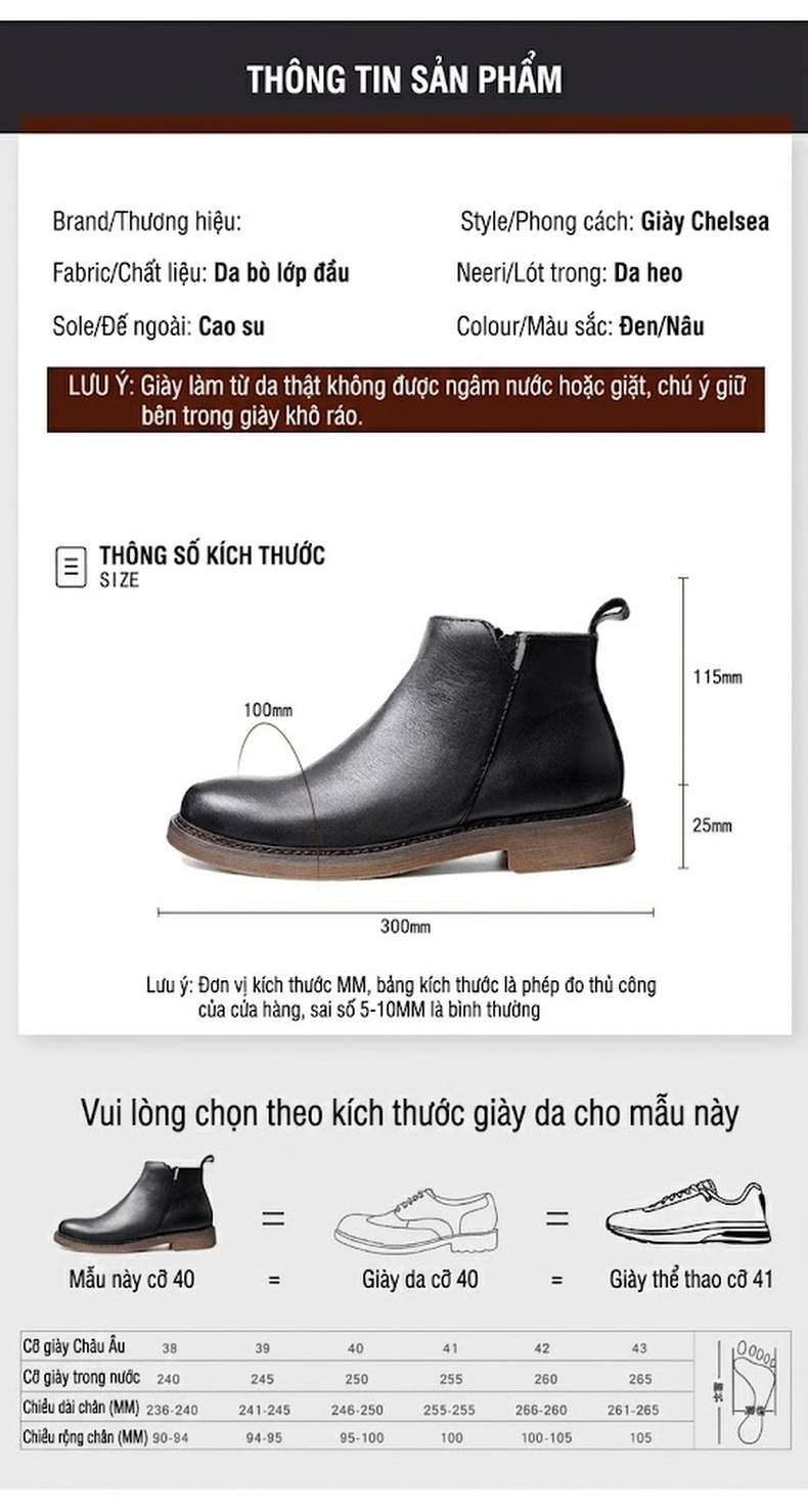 Boot Nam Da Bò Cao Cổ Chiều Cao Đế Khoảng 3cm Dáng Chelsea Màu Đen, Nâu chi tiết 4