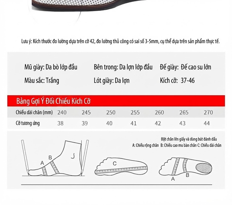 Giày Tây Buộc Dây Nam Da Bò Lỗ Thoáng Chiều Cao Đế Khoảng 3cm Màu Trắng chi tiết 9