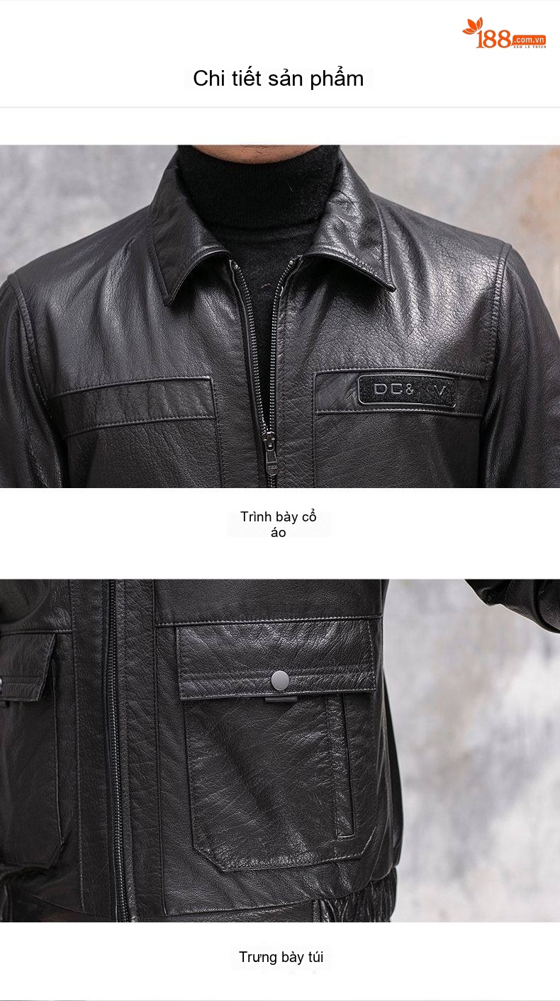 Áo Khoác Da Thật Nam Dáng Ôm Cổ Bẻ Màu Đen chi tiết 9