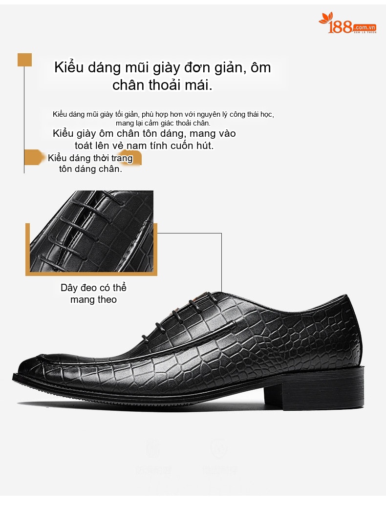 Giày Tây Buộc Dây Nam Da Dập Vân Chiều Cao Đế Khoảng 3cm Màu Đen, Nâu chi tiết 3