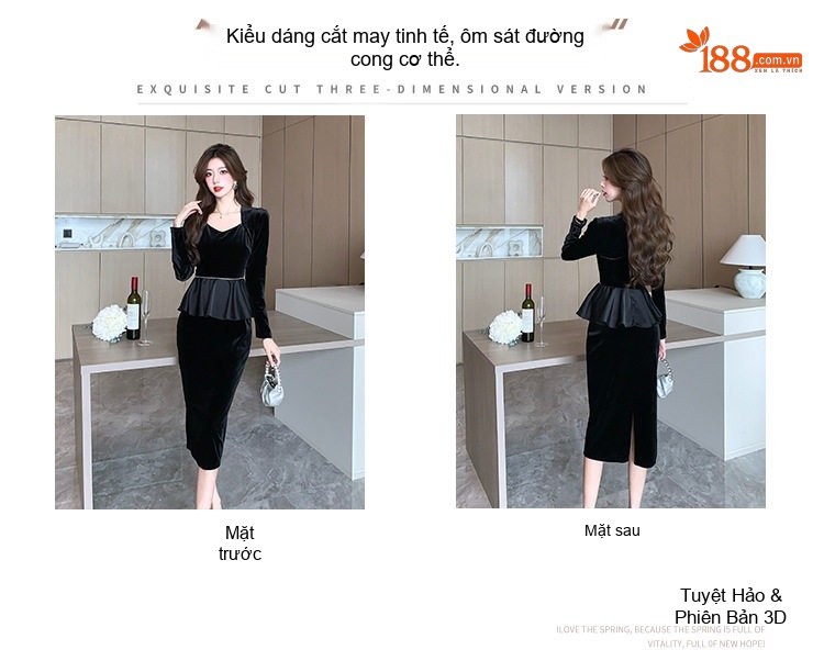Váy Nhung Dài Tay Cổ Điển Phong Cách Quý Cô Thanh Lịch Màu Đen chi tiết 4