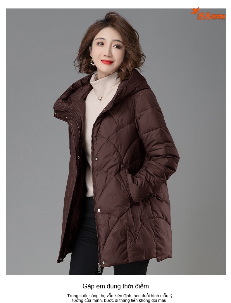 Áo Khoác Phao Nữ Dáng Dài Vừa Có Mũ Trùm Đầu Cotton Dày Dặn Giữ Ấm Màu Đen, Đỏ, Nâu, Vàng... chi tiết 11