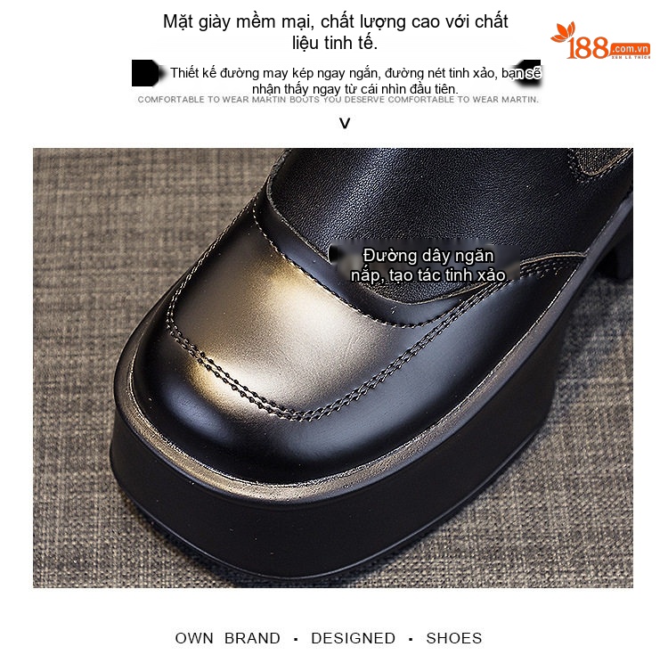 Giày Boot Martin Nữ Cổ Lửng Đế Dày Chiều Cao Đế Khoảng 11cm Da Bóng Màu Đen chi tiết 10