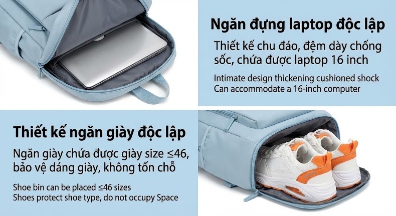 Balo Đa Năng Nữ Chống Thấm Nước, Chia Ngăn Ướt Khô, Dung Tích Lớn Màu Xám, Xanh chi tiết 12