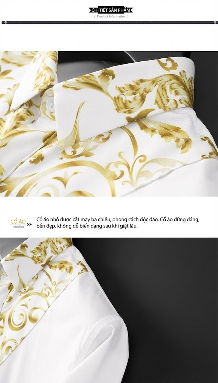 Áo Sơ Mi Nam Tay Ngắn Cotton Cổ Trụ Họa Tiết Cung Đình Màu Đen, Trắng chi tiết 9