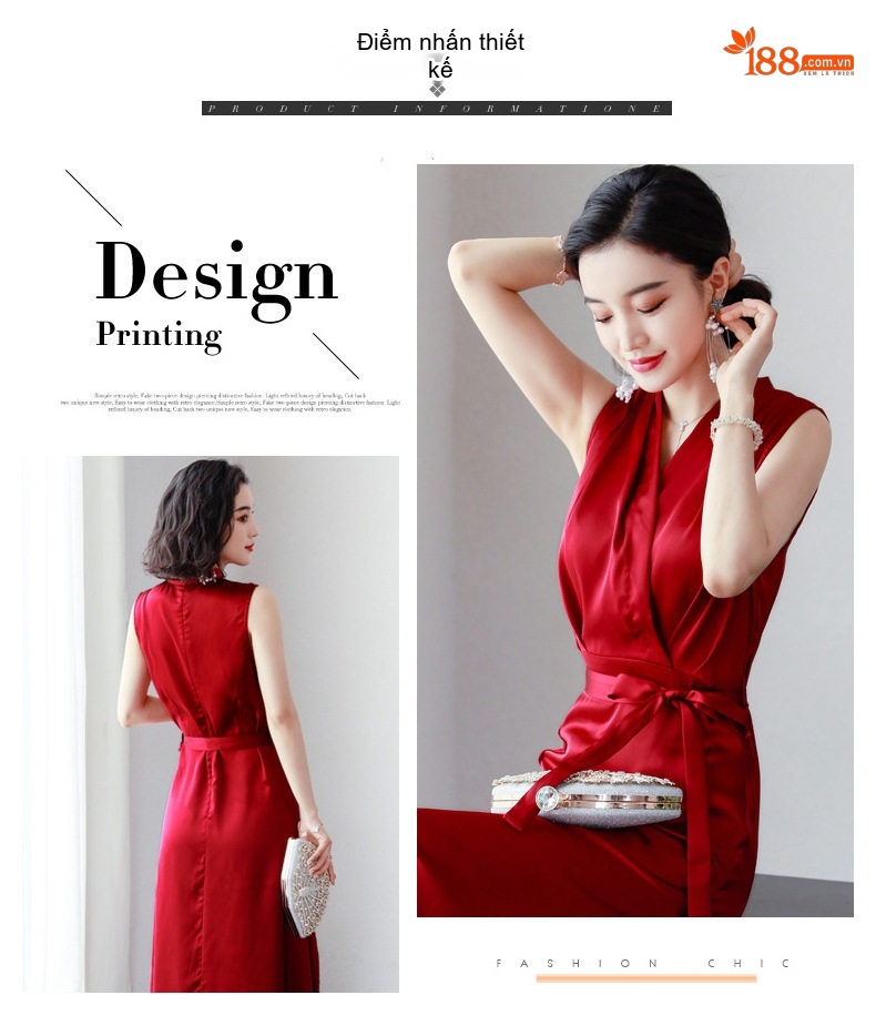 Váy liền thân Nữ Không Tay Cổ chữ V Phong Cách Pháp A Kèm Đai Chất Vải Axetat Cao Cấp Màu Đỏ, Đen chi tiết 5