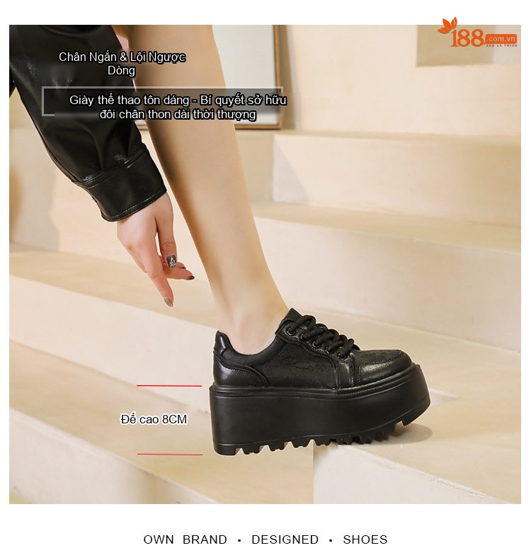 Giày Sneaker Nữ Đế Dày Thêu Họa Tiết Chiều Cao Đế Khoảng 5cm Màu Đen, Trắng chi tiết 2