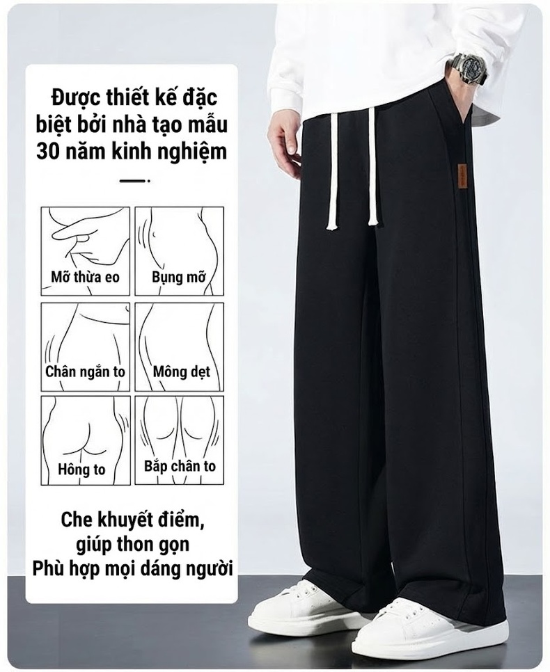 Quần Ống Rộng Nam Dáng Suông Phong Cách Hàn Quốc Màu Đen, Xám chi tiết 5